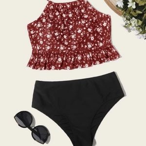 Ditsy Floral Ruffle Hem Halter Bikini Swimsuit